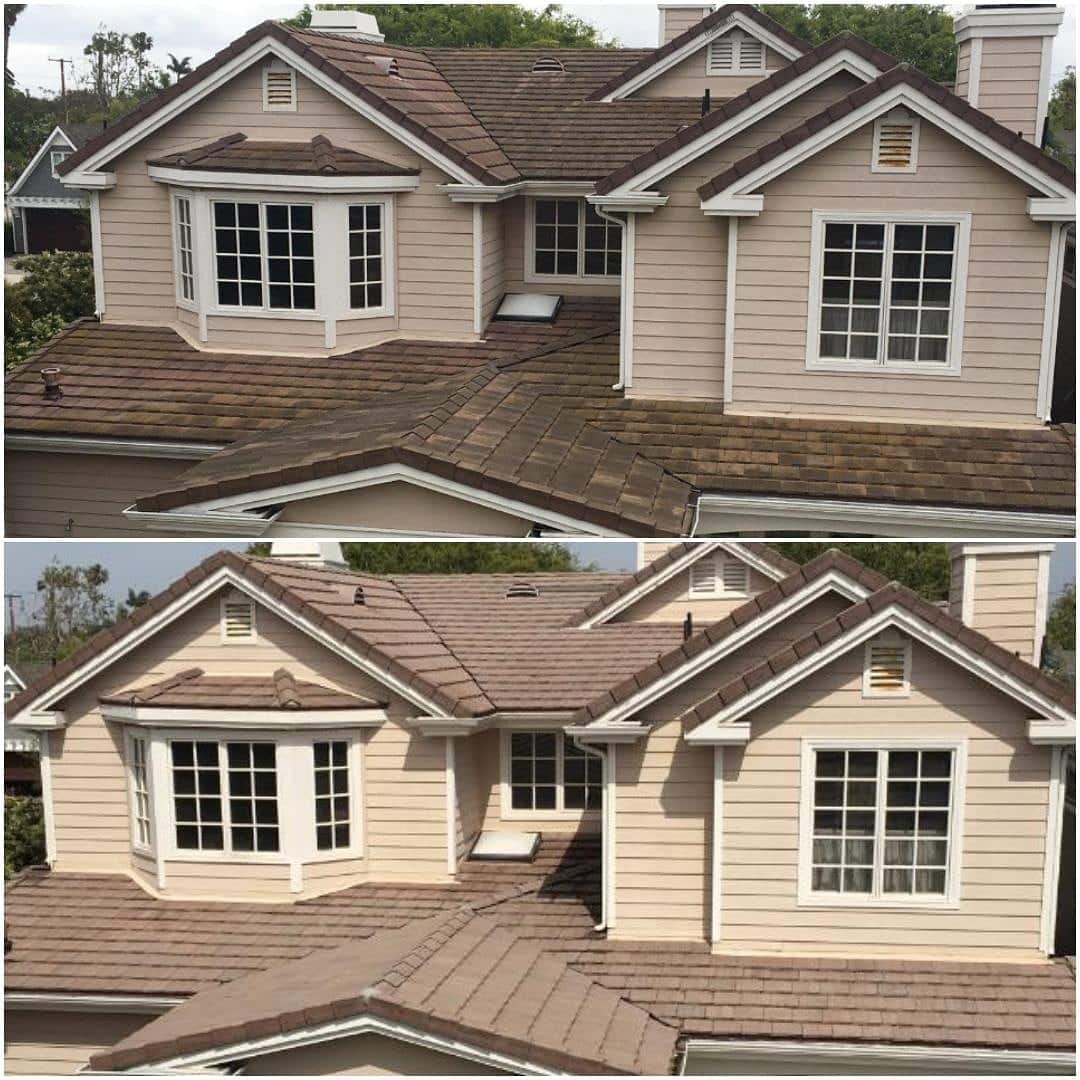 a before and after roof cleaning of tile roofs