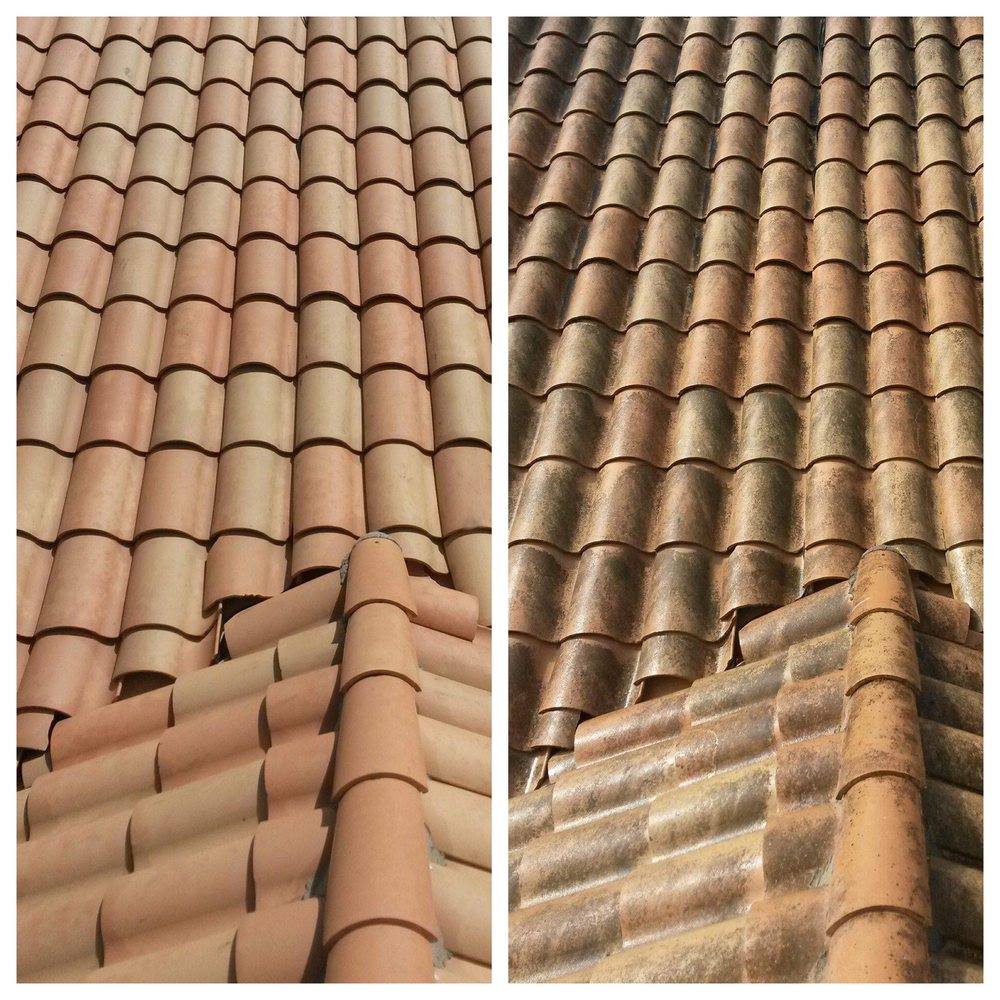before and after cleaning of a tiled roofing